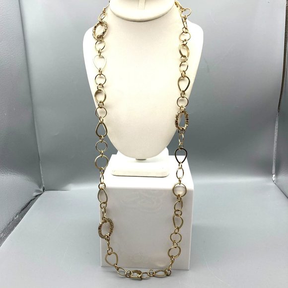 Retro Gold Tone Chain Necklace with Teardrop and Circle Links and Vintage Mesh - Picture 1 of 3